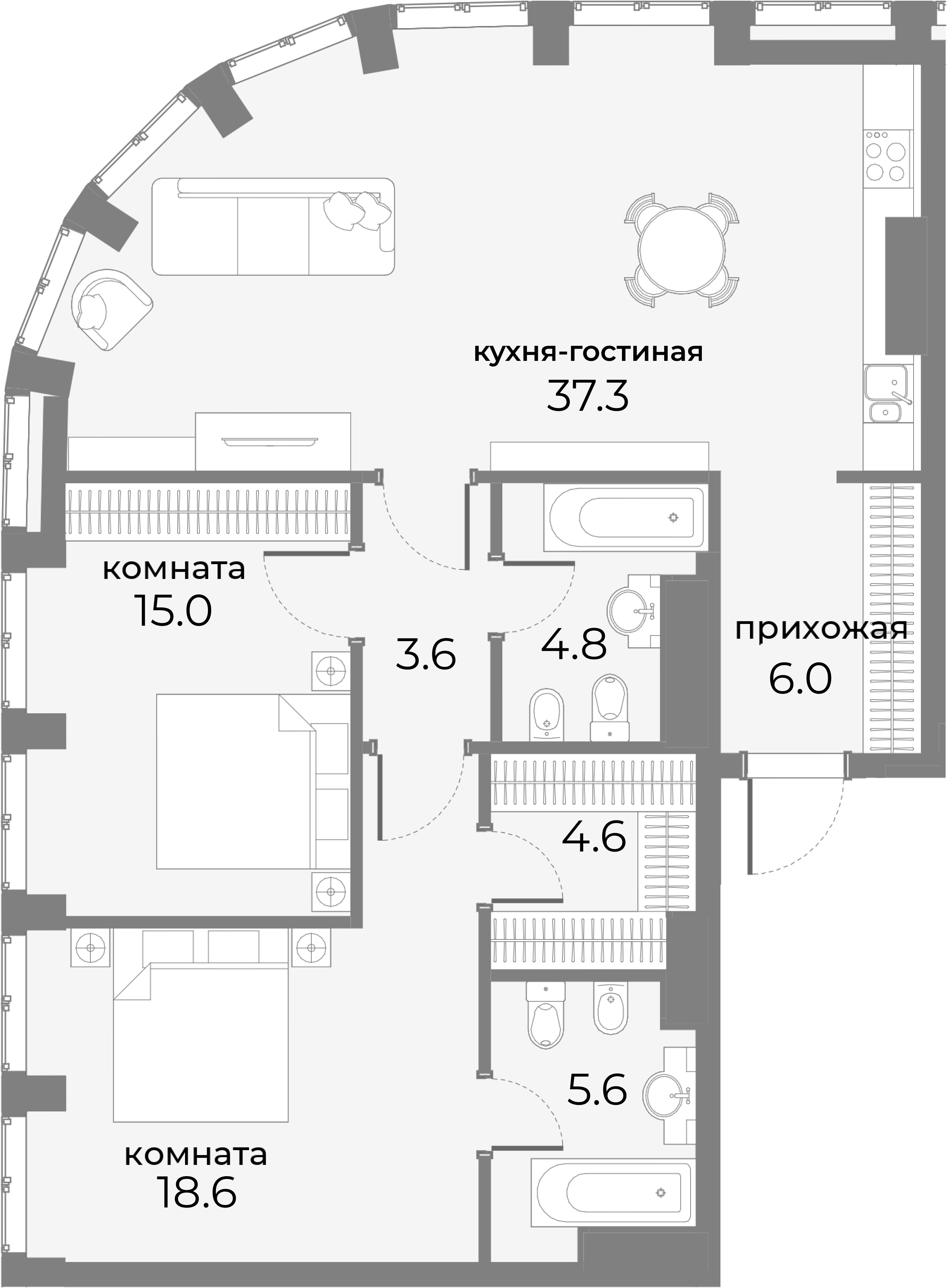 квартира со свободной планировкой, 95.5 м², 8 этаж 