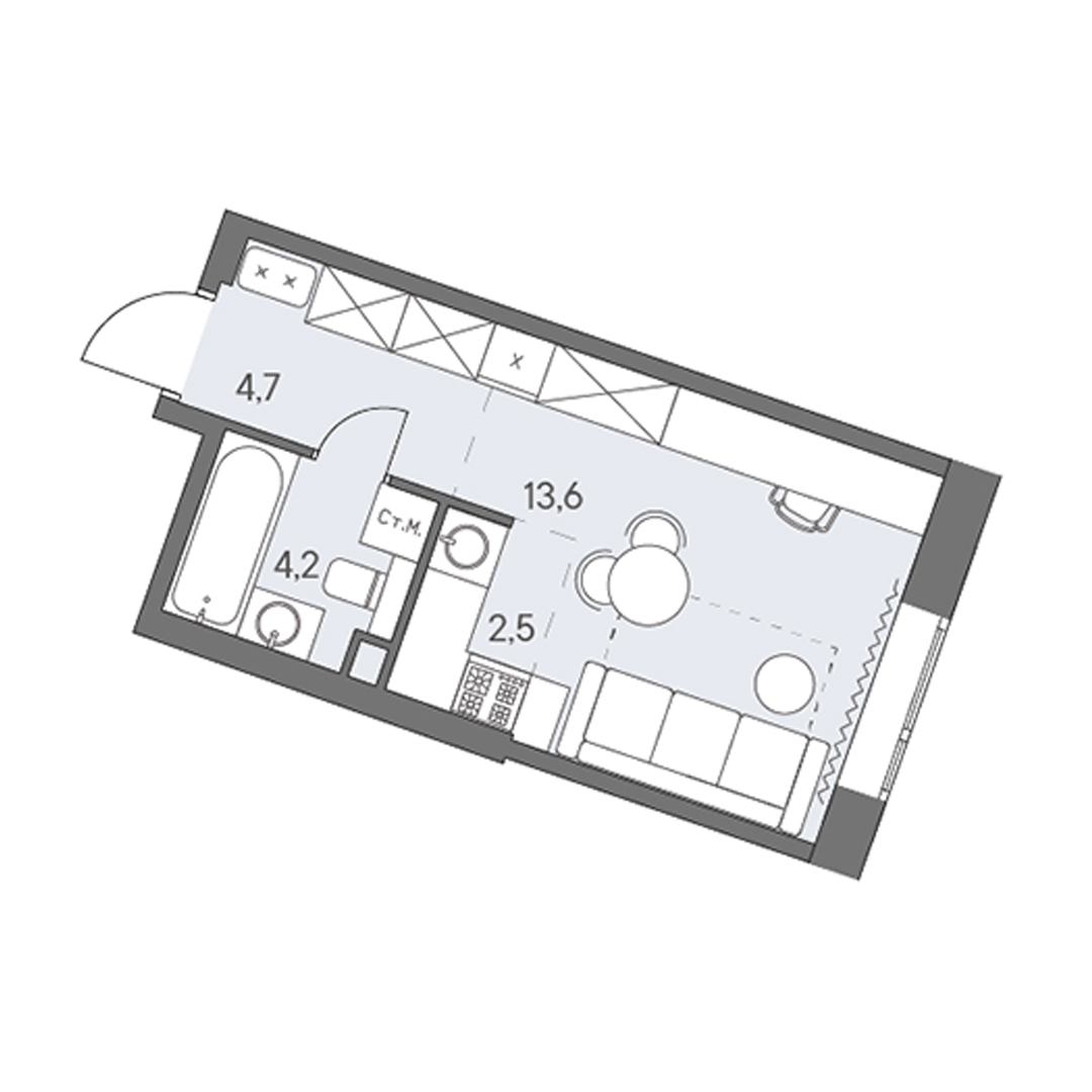 студия, 25 м², 13 этаж 