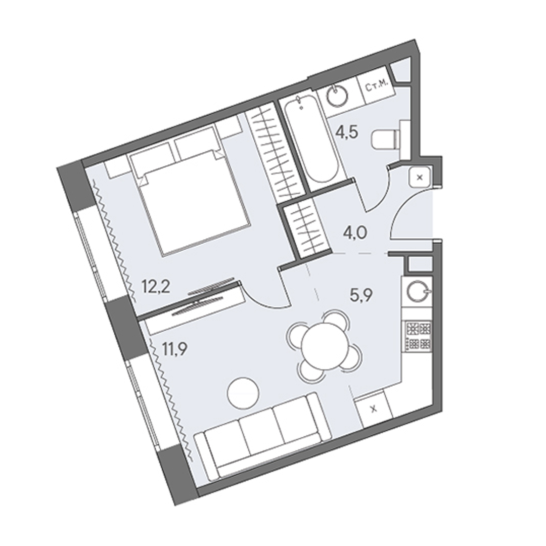 2 комн. квартира, 38.5 м², 24 этаж 