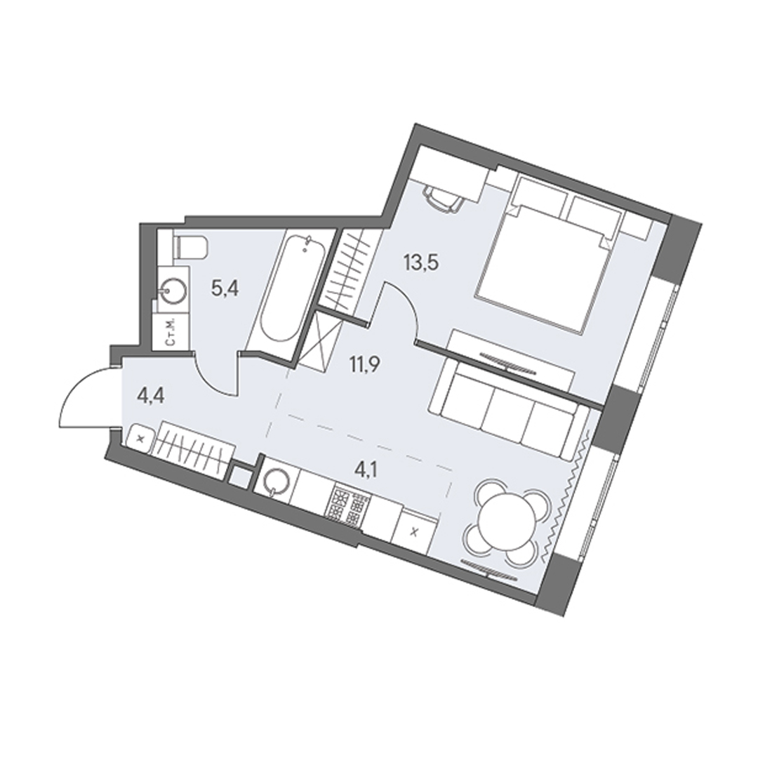 2 комн. квартира, 39.3 м², 24 этаж 