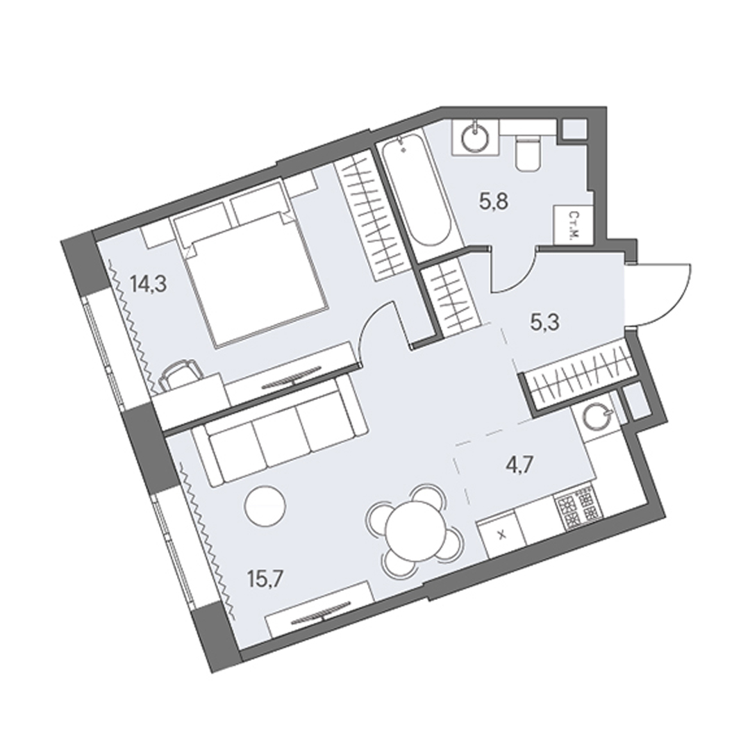 2 комн. квартира, 45.8 м², 8 этаж 