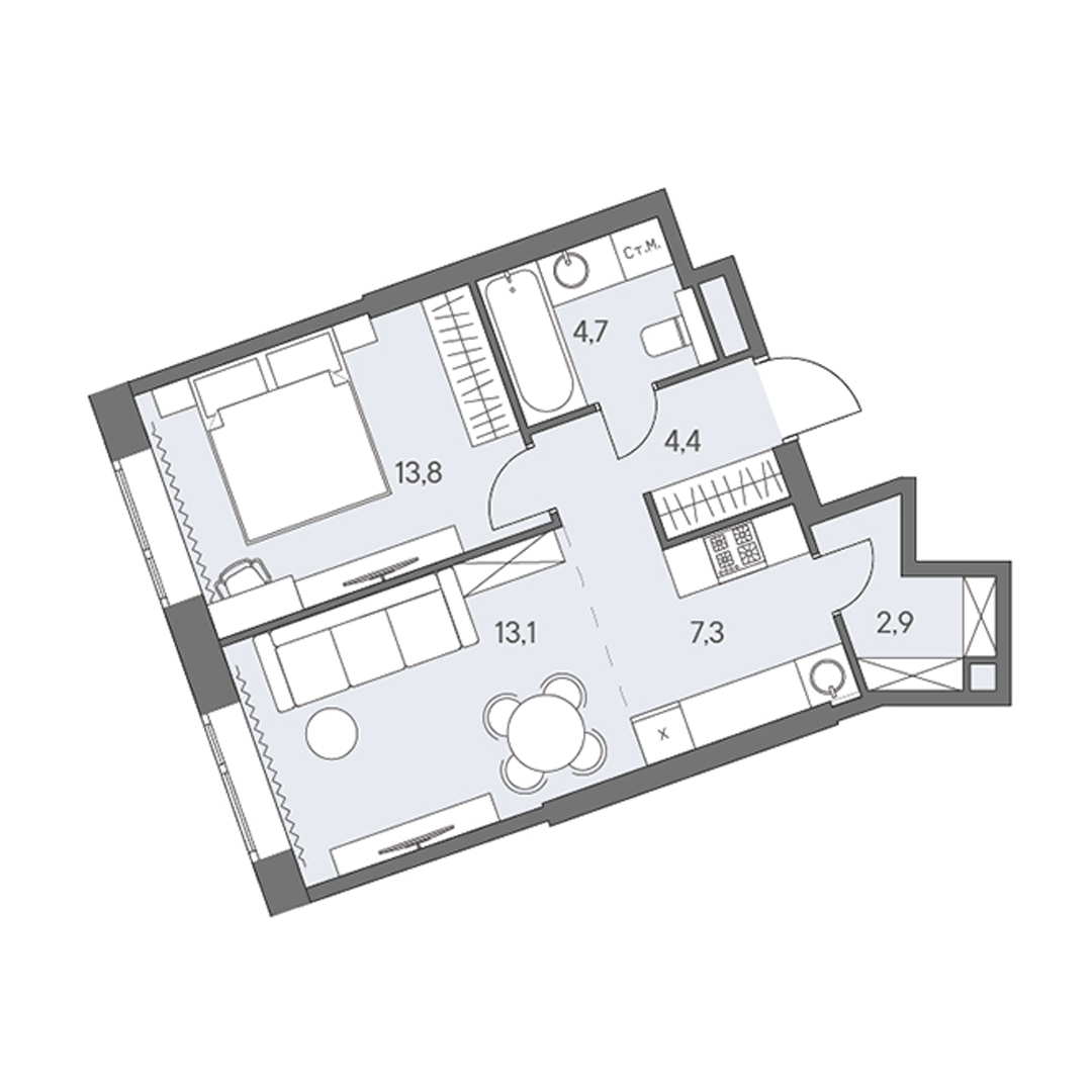 2 комн. квартира, 46.2 м², 21 этаж 