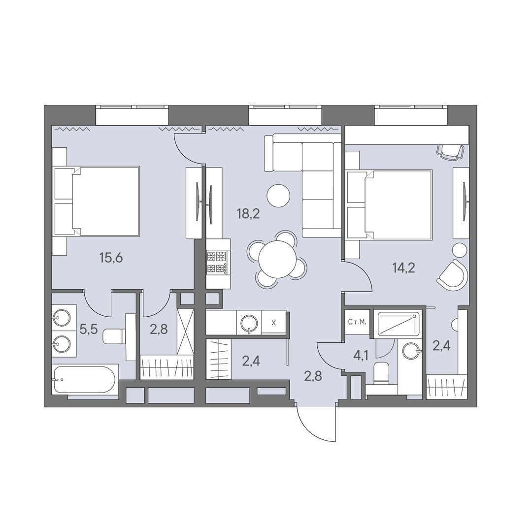3 комн. квартира, 72.6 м², 22 этаж 