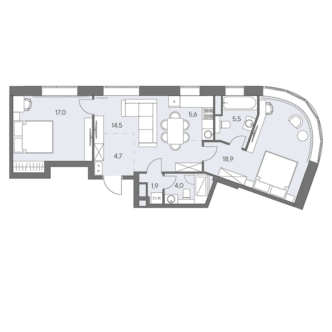 3 комн. квартира, 72.1 м², 13 этаж 