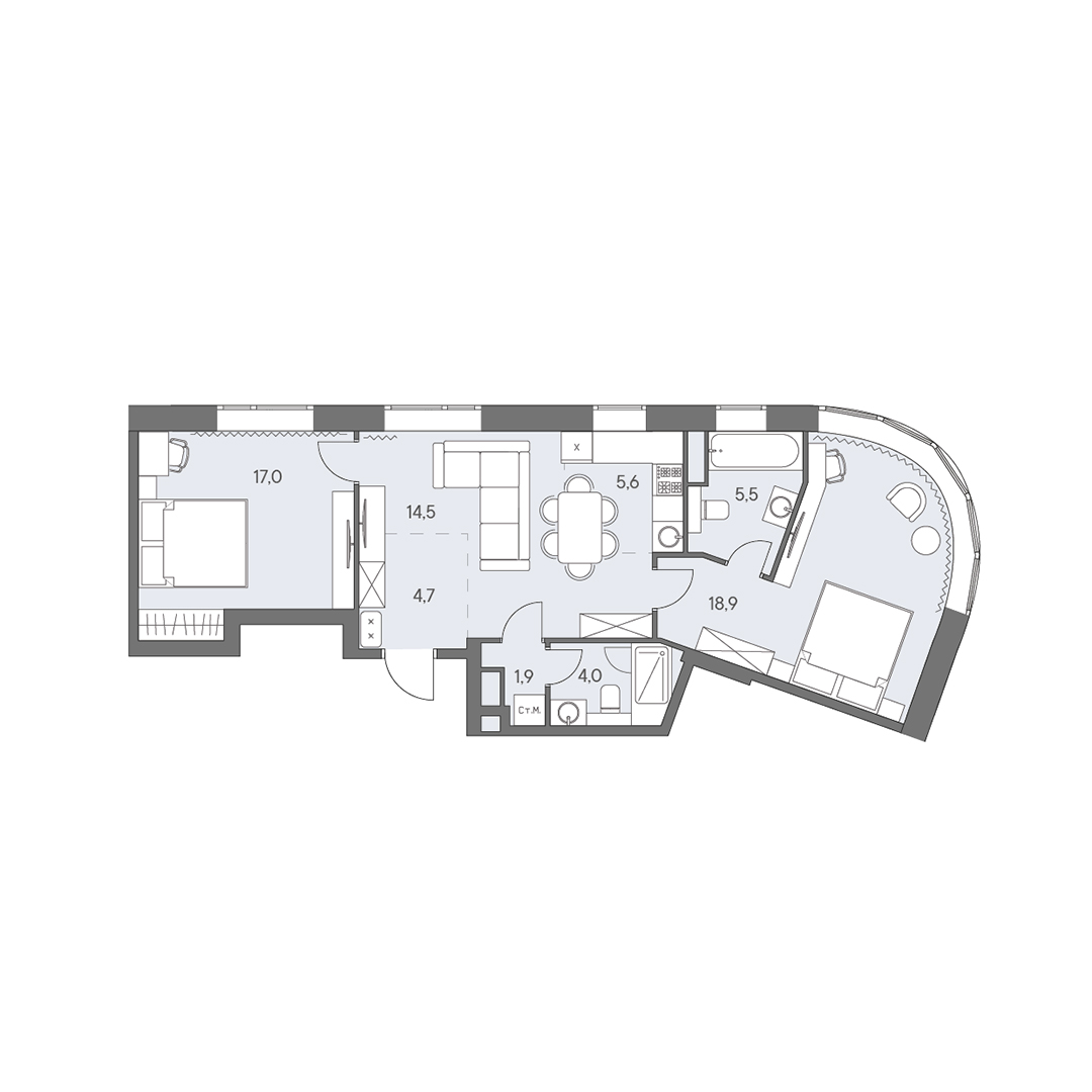 3 комн. квартира, 72.1 м², 17 этаж 