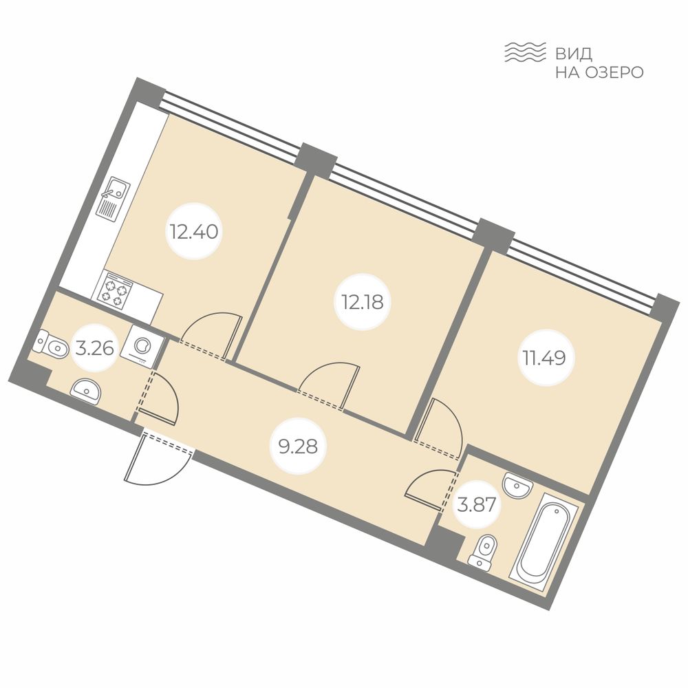 2 комн. квартира, 52.5 м², 1 этаж 