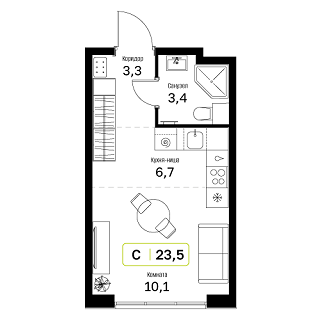 студия, 23.5 м², 15 этаж 