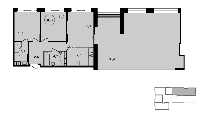 3 комн. квартира, 79.5 м², 10 этаж 