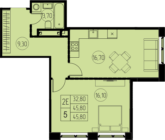 2 комн. квартира, 45.8 м², 19 этаж 