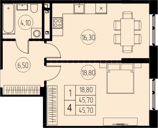 1 комн. квартира, 45.7 м², 20 этаж 