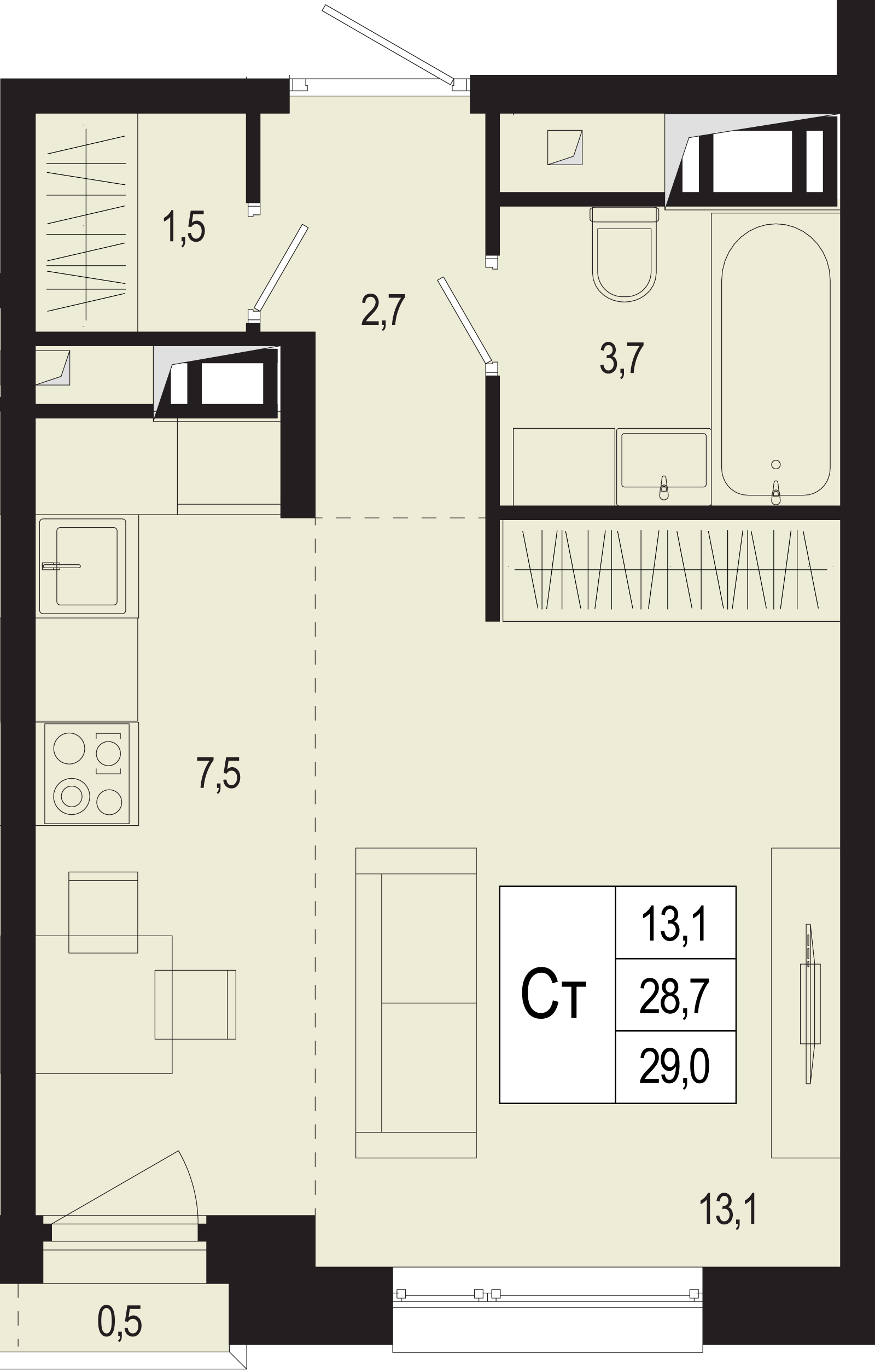 студия, 28.7 м², 3 этаж 