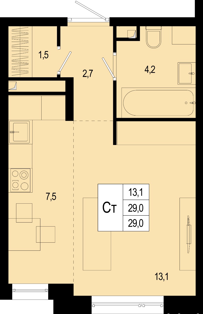 студия, 29 м², 1 этаж 