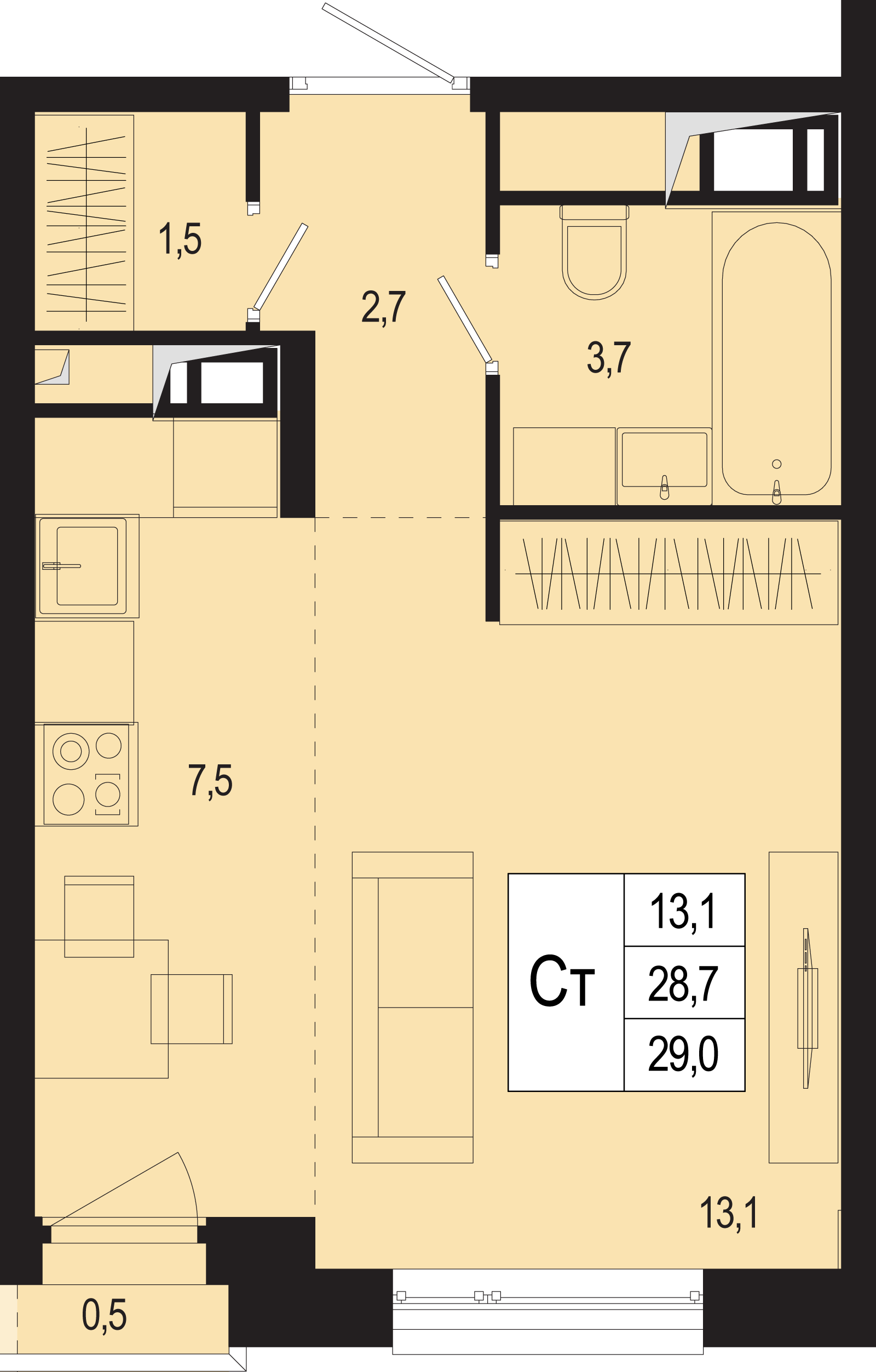 студия, 28.7 м², 6 этаж 