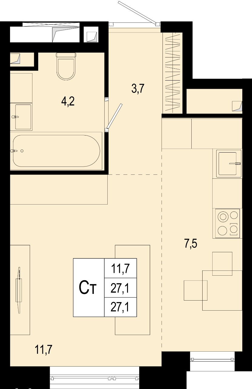 студия, 27.1 м², 1 этаж 