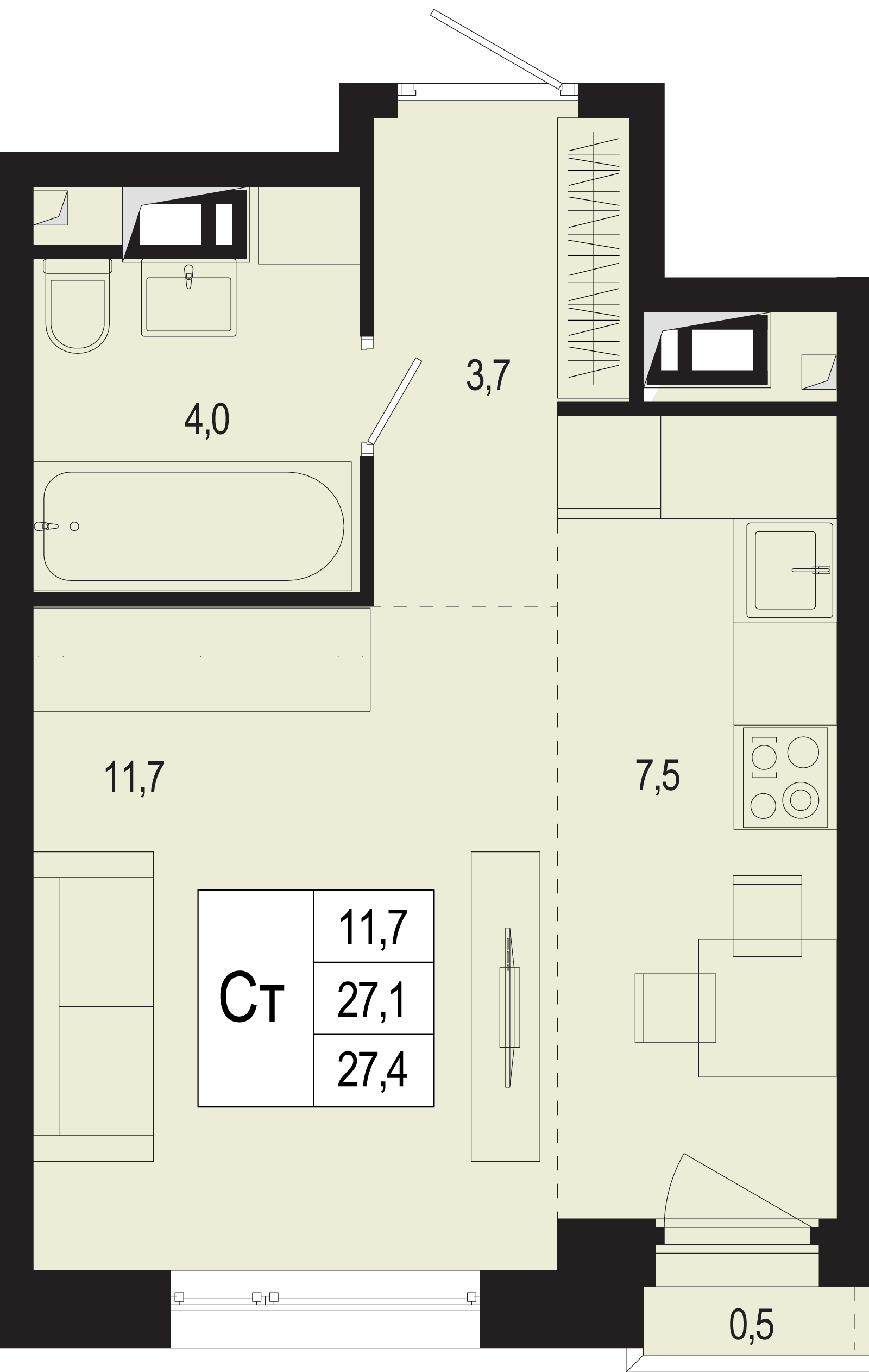 студия, 27.1 м², 4 этаж 