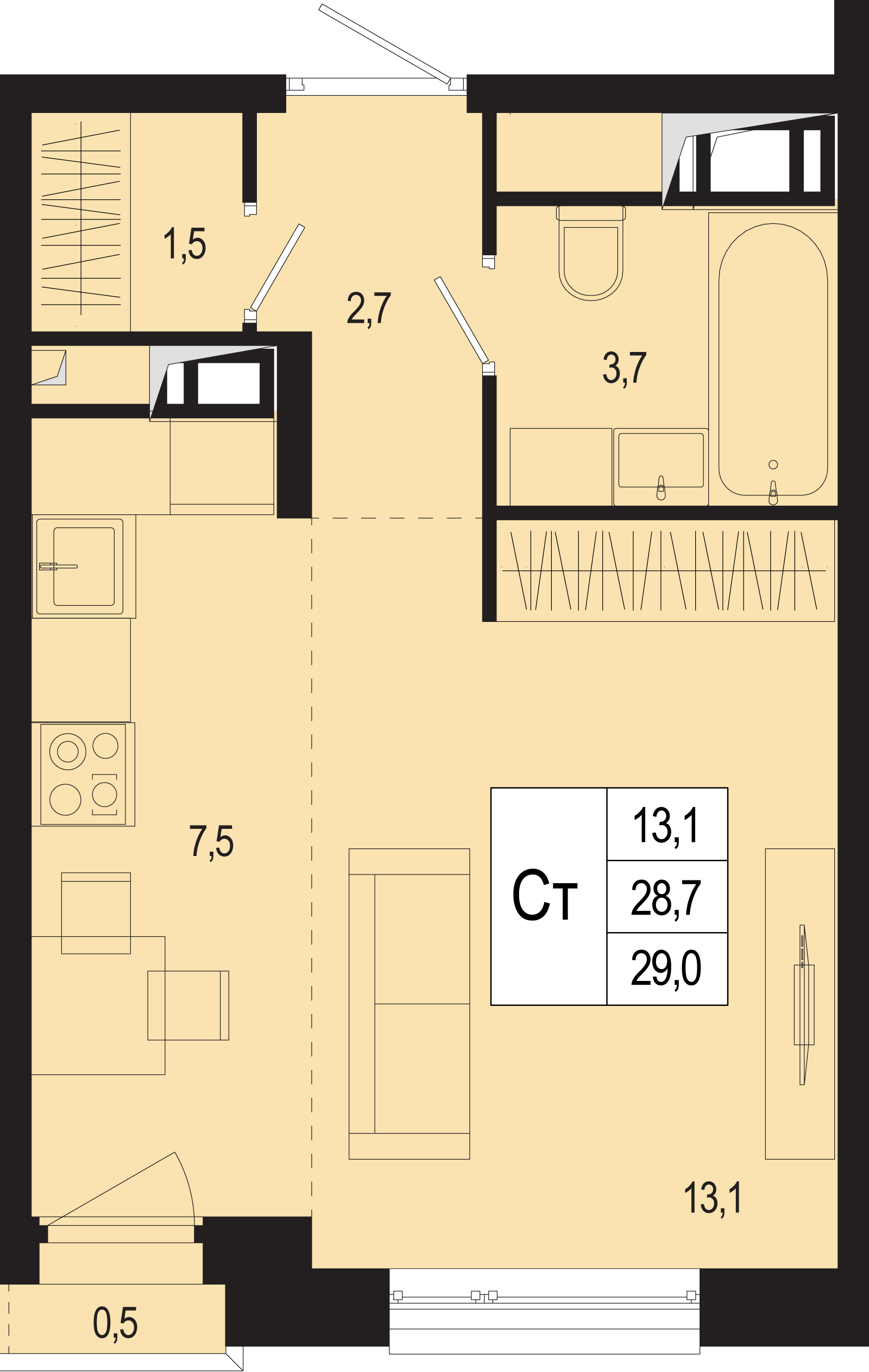 студия, 28.7 м², 5 этаж 