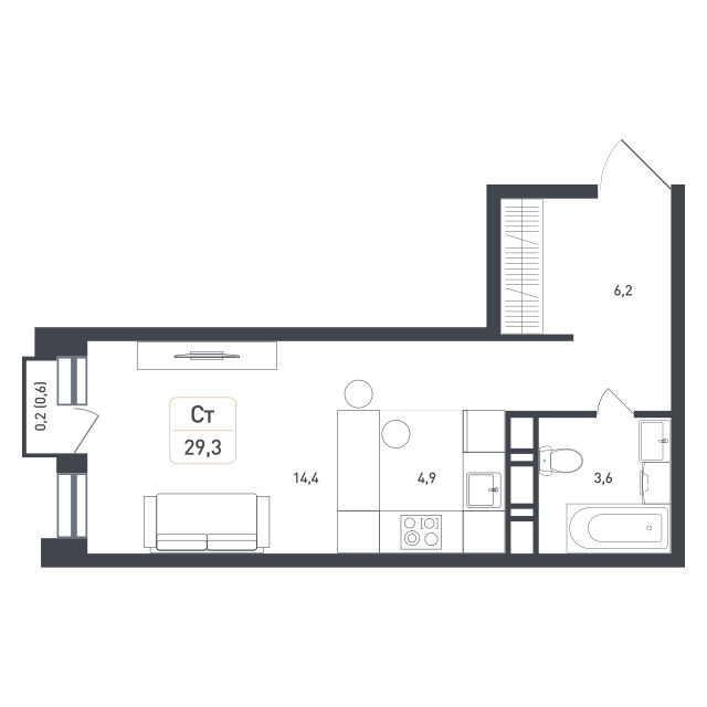 студия, 29.3 м², 5 этаж 