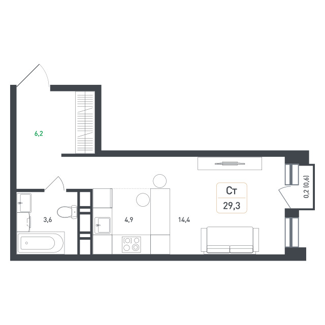 студия, 29.3 м², 4 этаж 