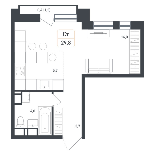 студия, 29.8 м², 2 этаж 