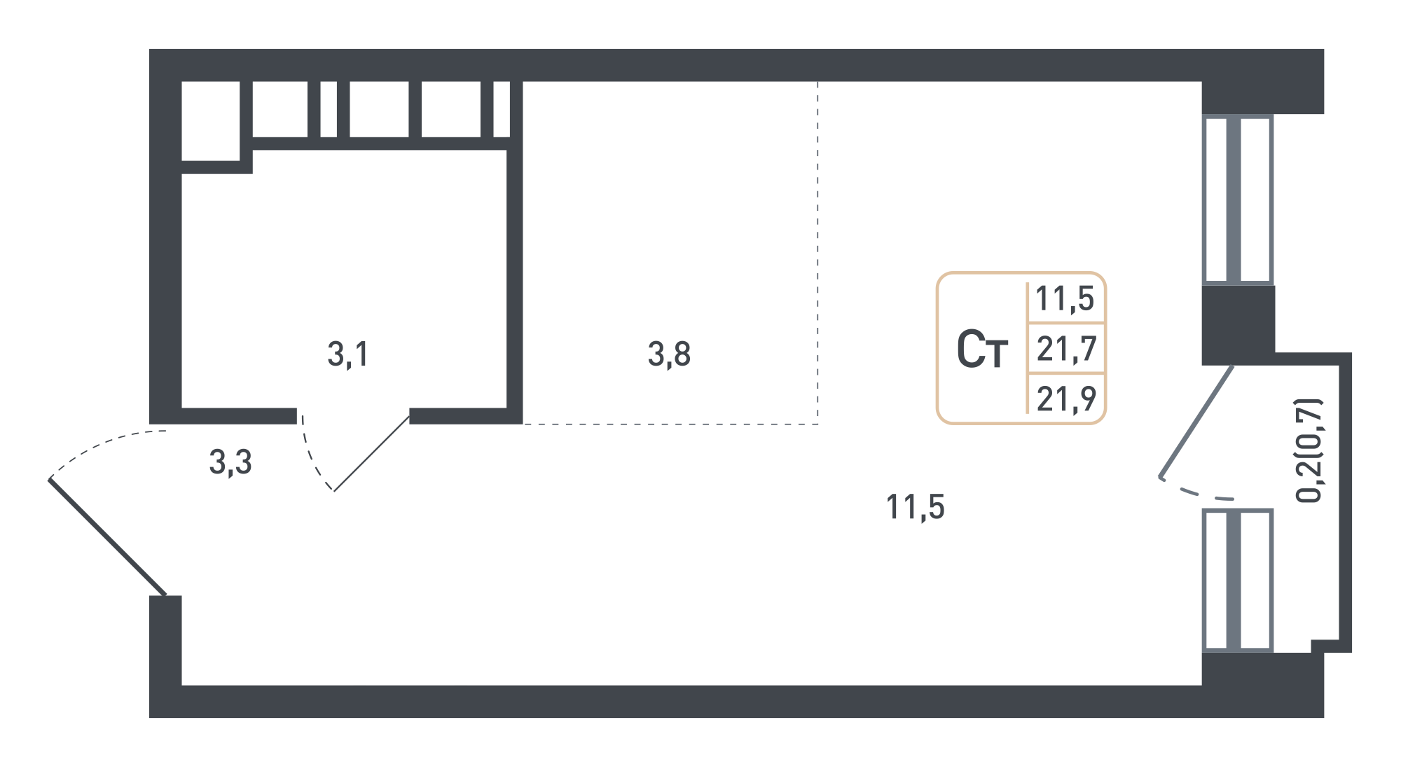студия, 21.9 м², 3 этаж 