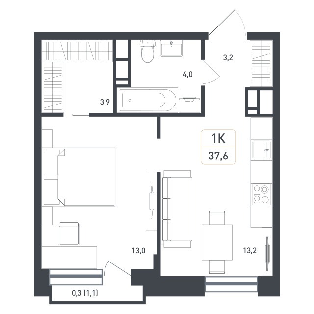 1 комн. квартира, 37.6 м², 5 этаж 