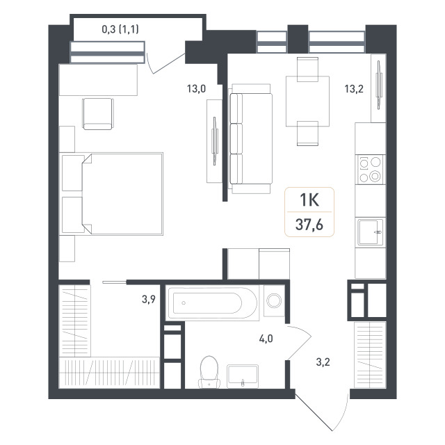 1 комн. квартира, 37.6 м², 4 этаж 