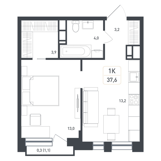 1 комн. квартира, 37.6 м², 6 этаж 