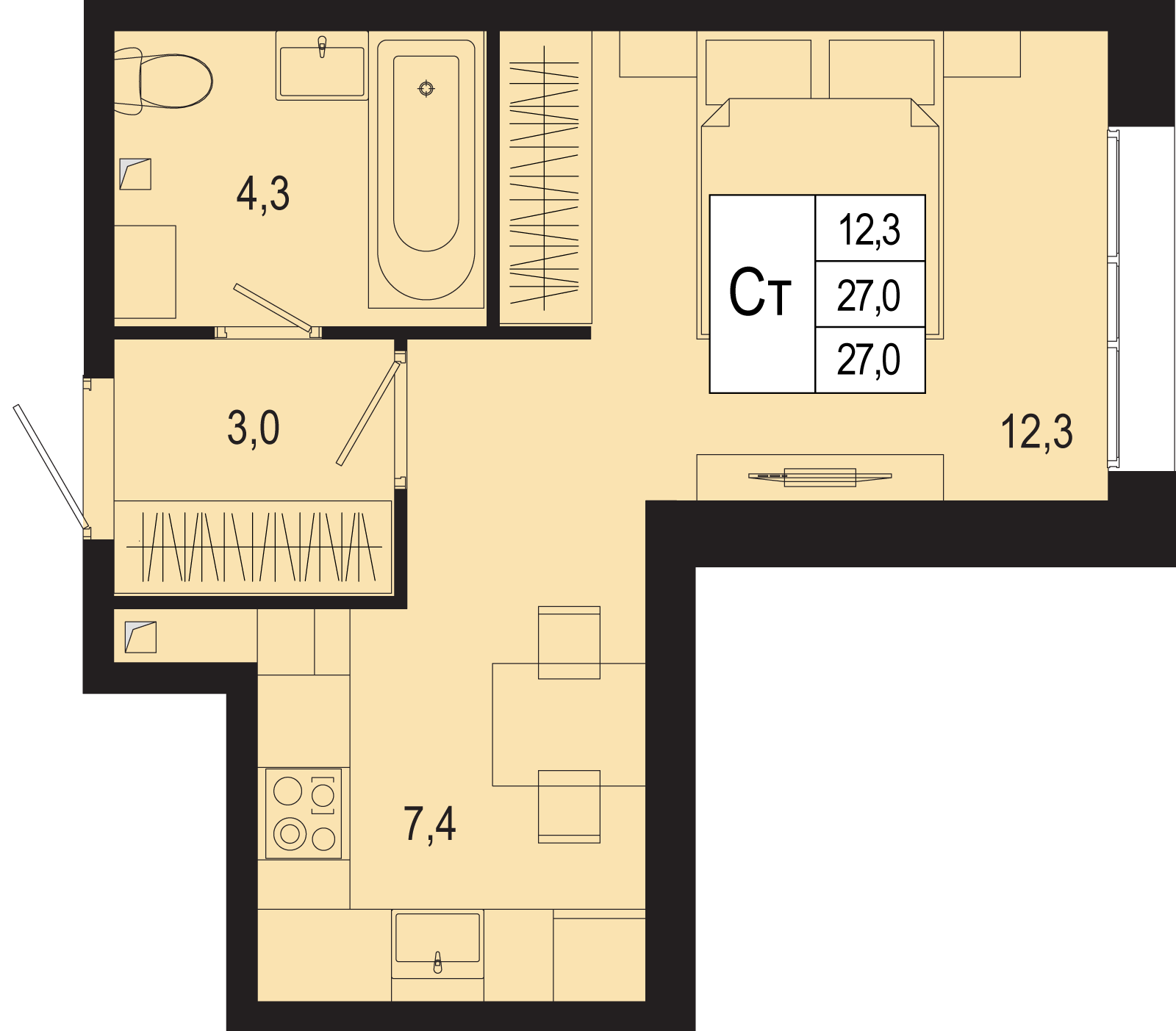 студия, 27 м², 1 этаж 