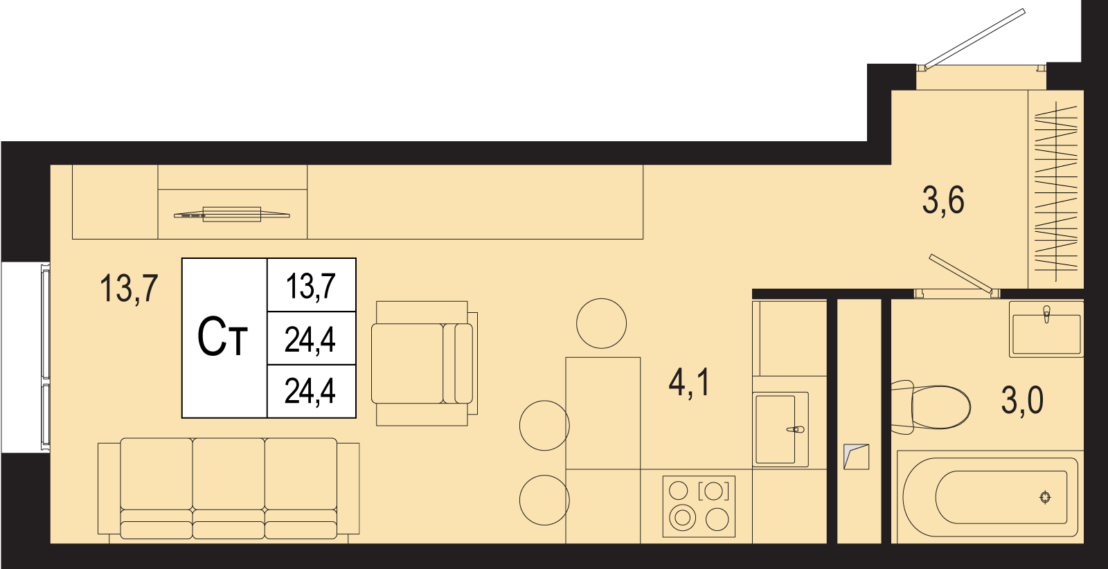 студия, 24.4 м², 1 этаж 