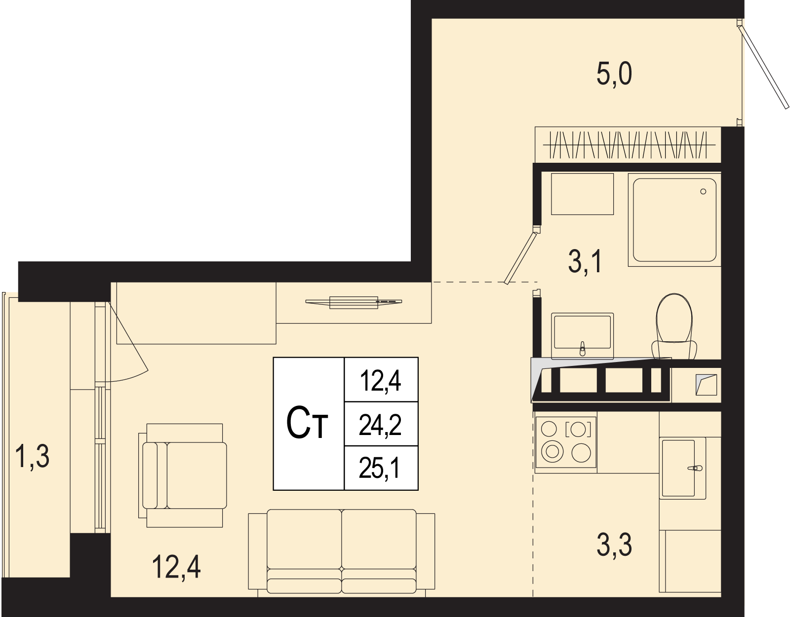 студия, 24.2 м², 2 этаж 