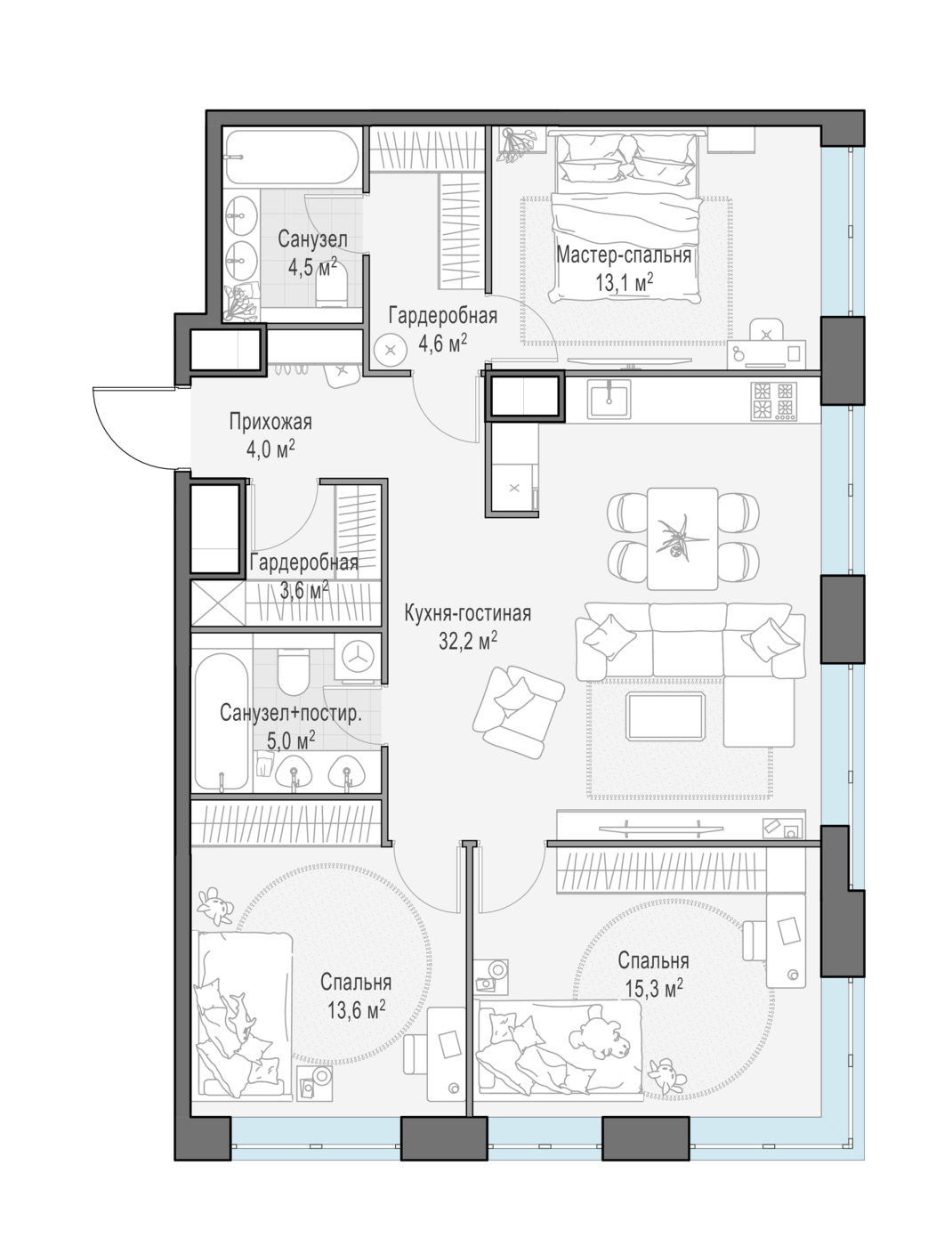 3 комн. квартира, 96.2 м², 13 этаж 