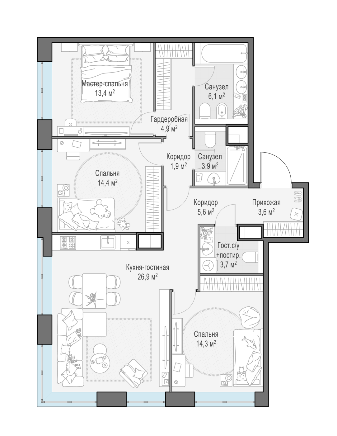 3 комн. квартира, 98.7 м², 13 этаж 