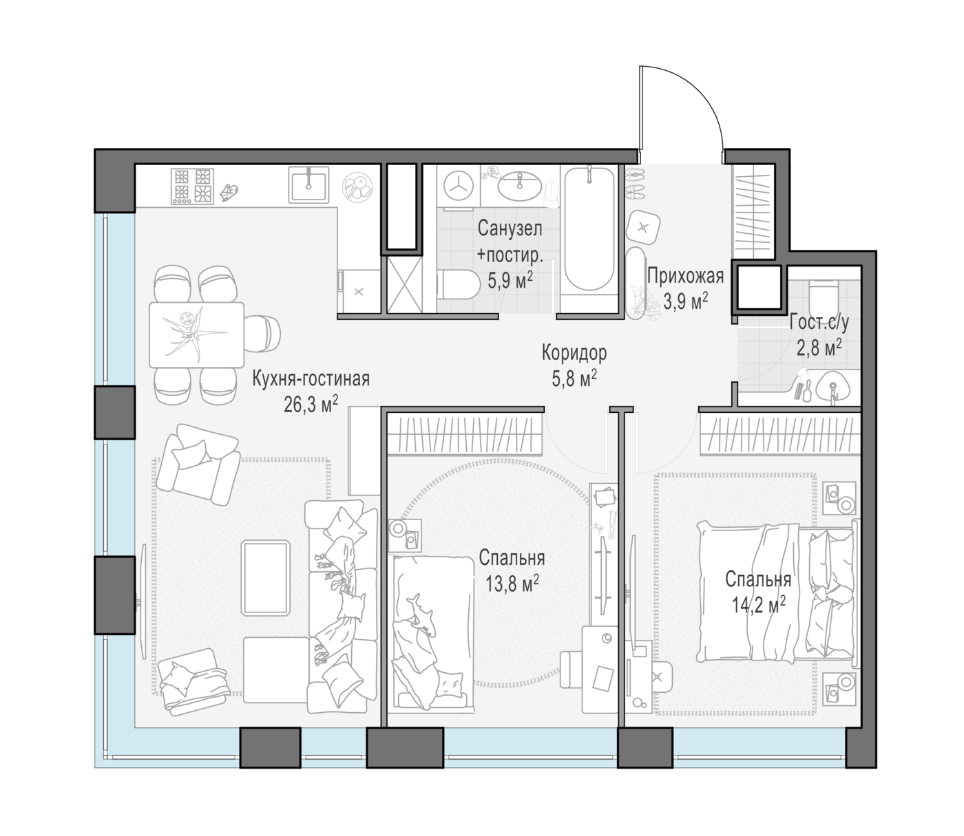 2 комн. квартира, 72.9 м², 11 этаж 