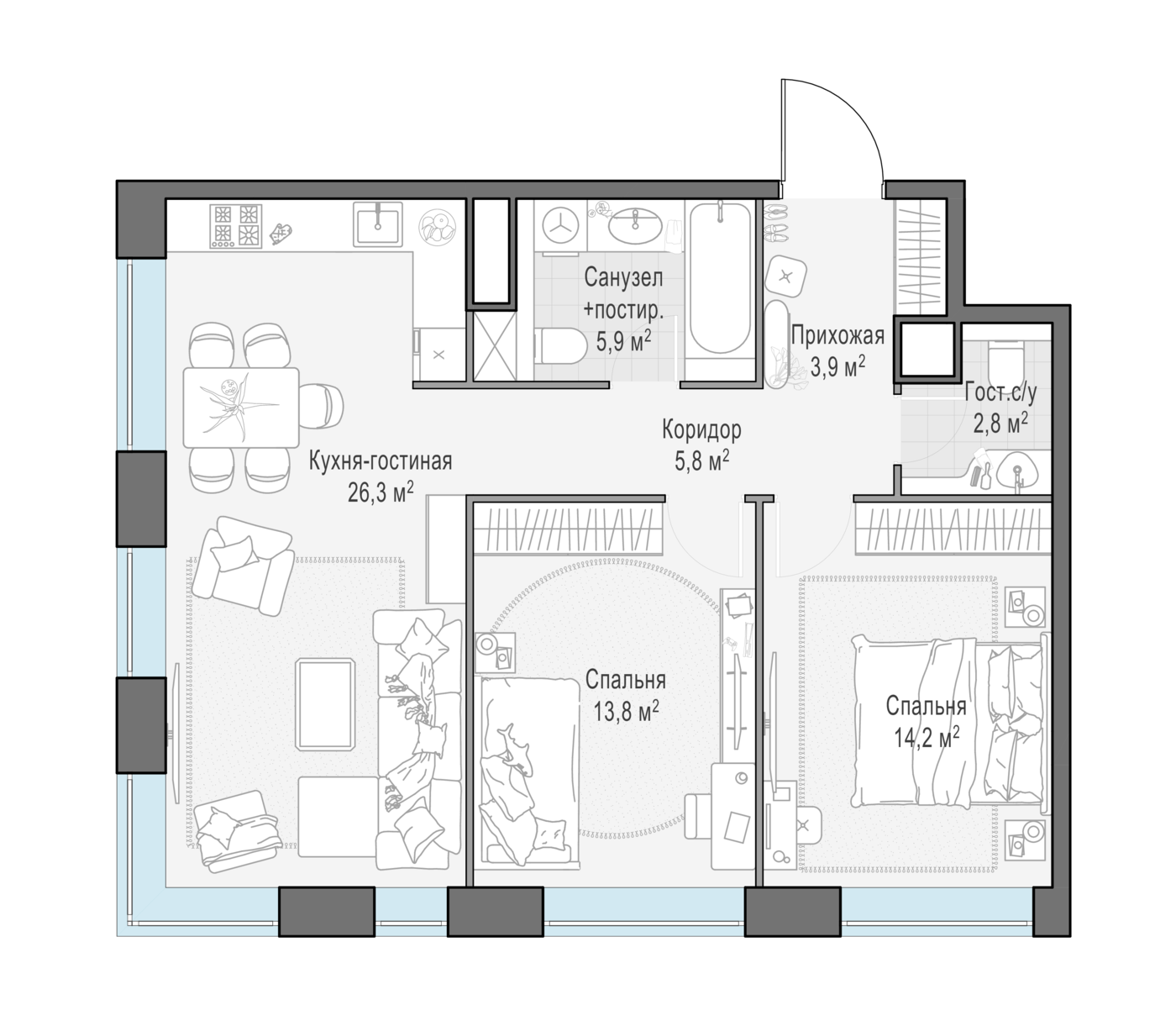 2 комн. квартира, 73 м², 10 этаж 