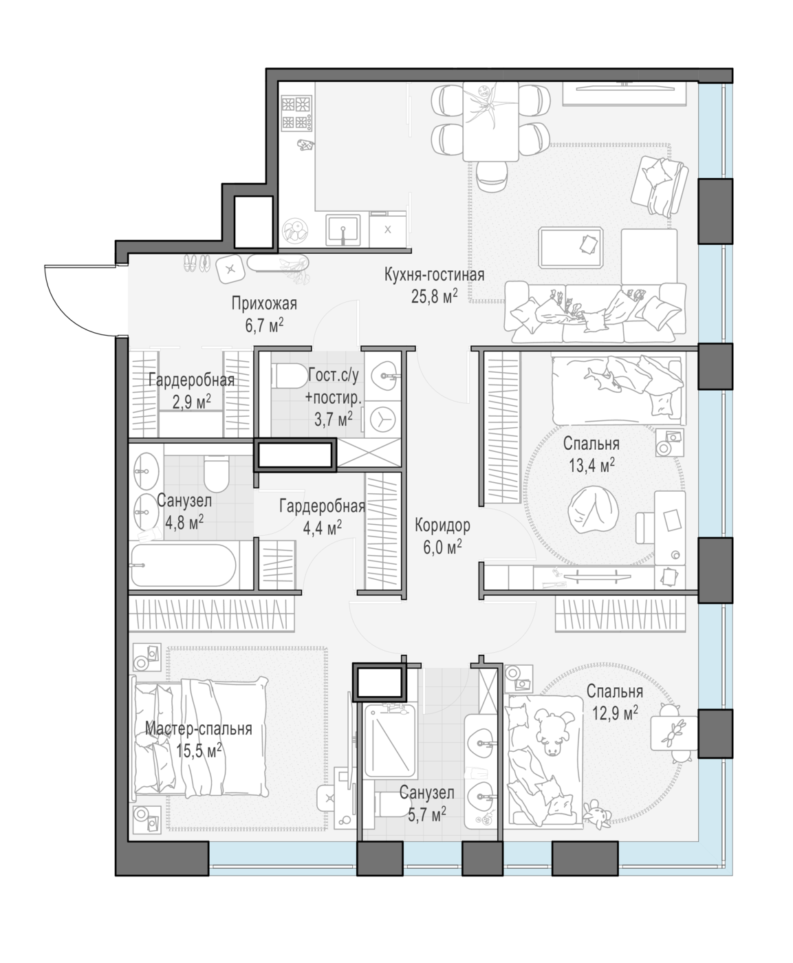 3 комн. квартира, 102.3 м², 12 этаж 