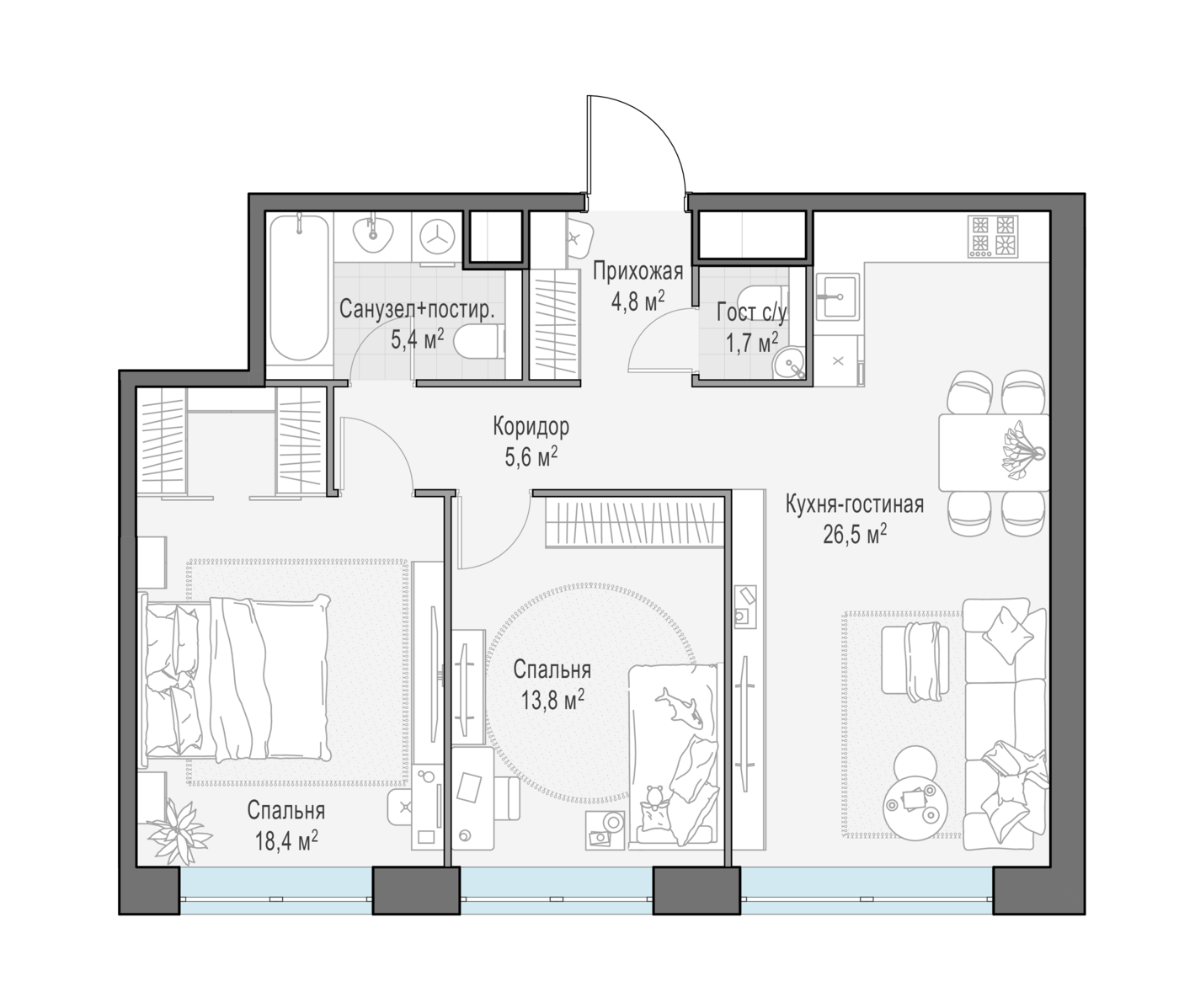 2 комн. квартира, 75.1 м², 12 этаж 