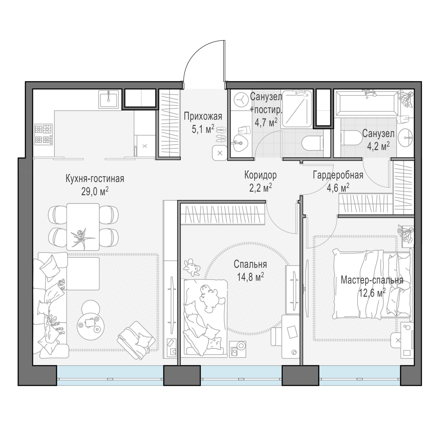 2 комн. квартира, 77.1 м², 13 этаж 