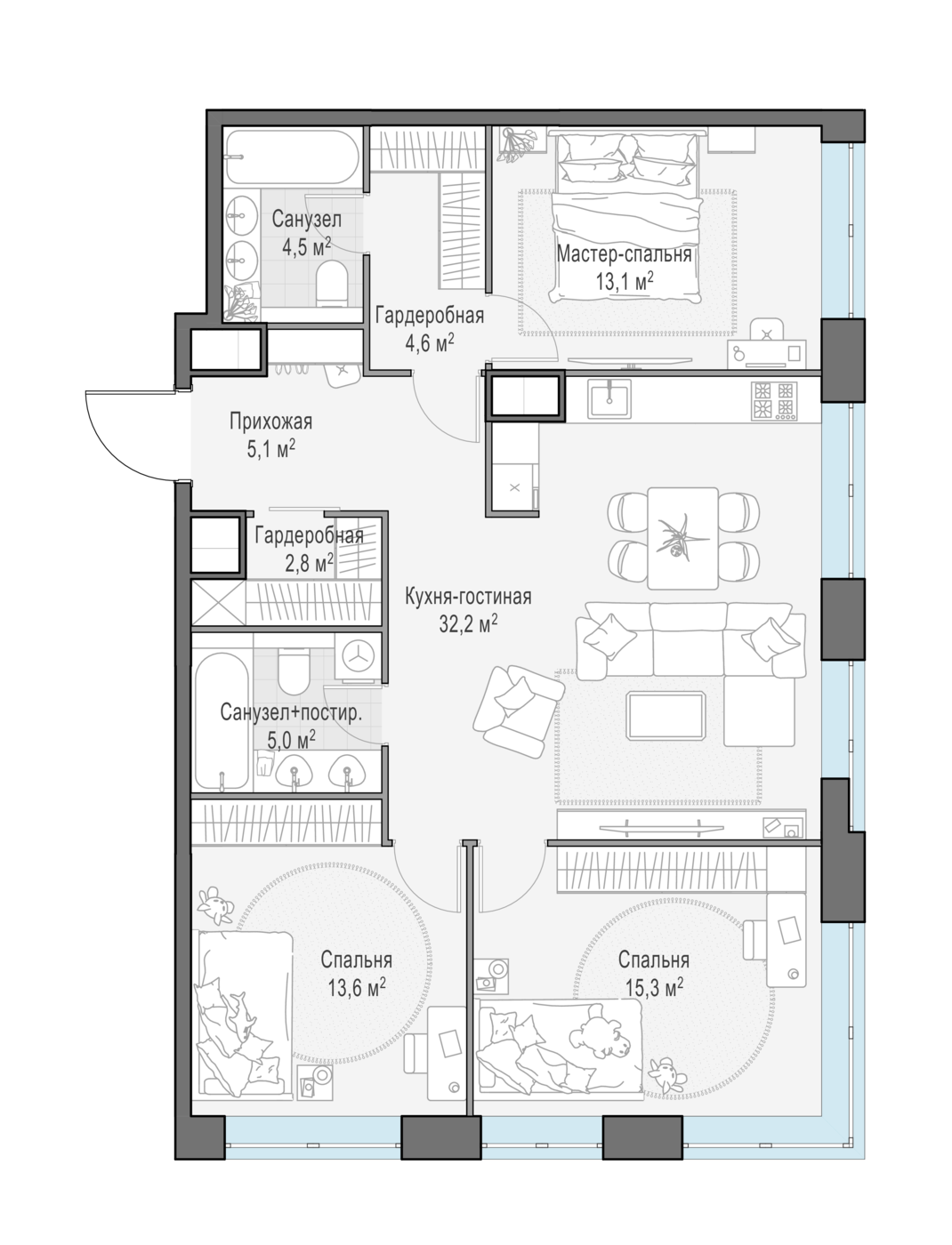 3 комн. квартира, 96.4 м², 13 этаж 