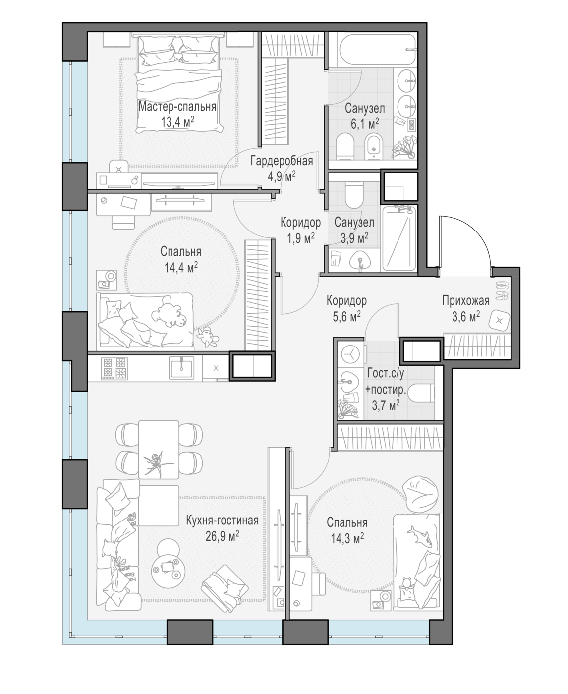 3 комн. квартира, 98.7 м², 10 этаж 