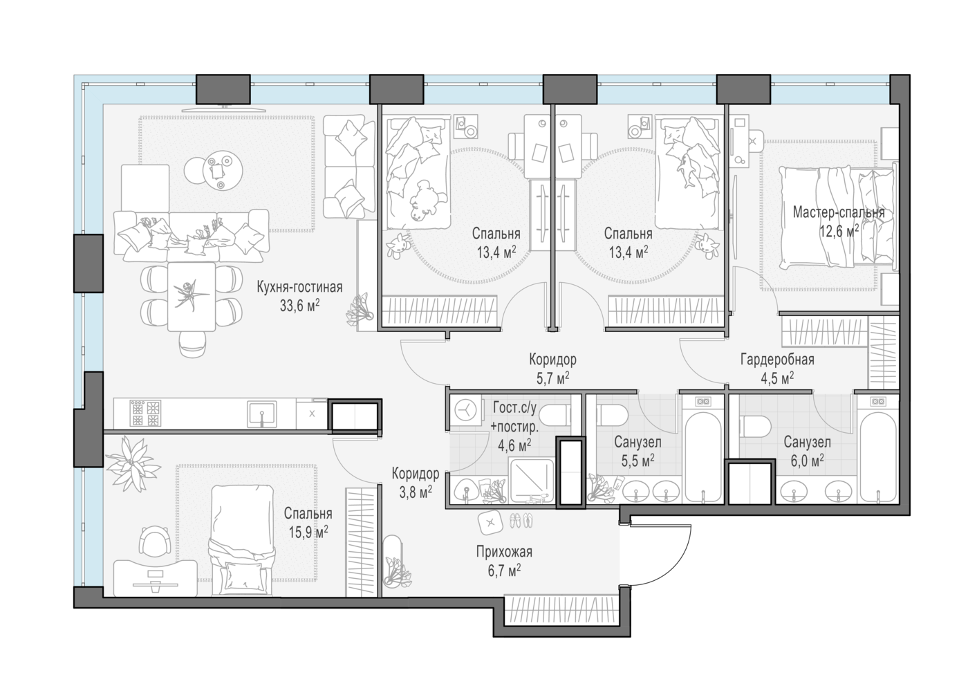 4 комн. квартира, 125.6 м², 12 этаж 