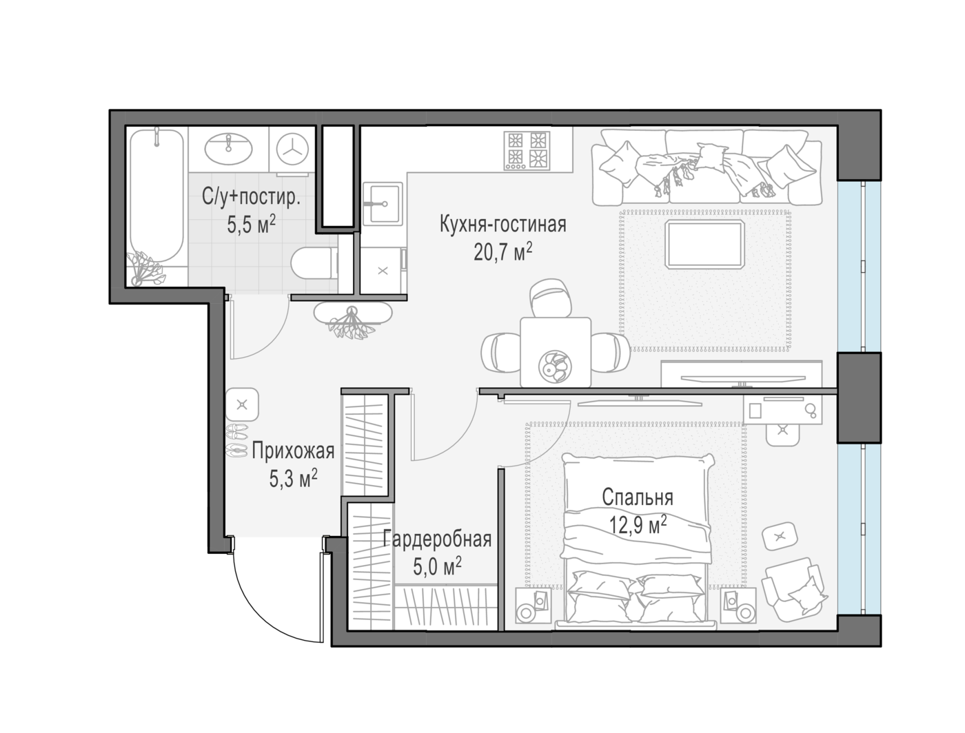 1 комн. квартира, 49.3 м², 12 этаж 