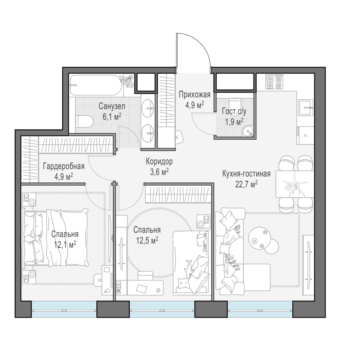 2 комн. квартира, 68.7 м², 11 этаж 