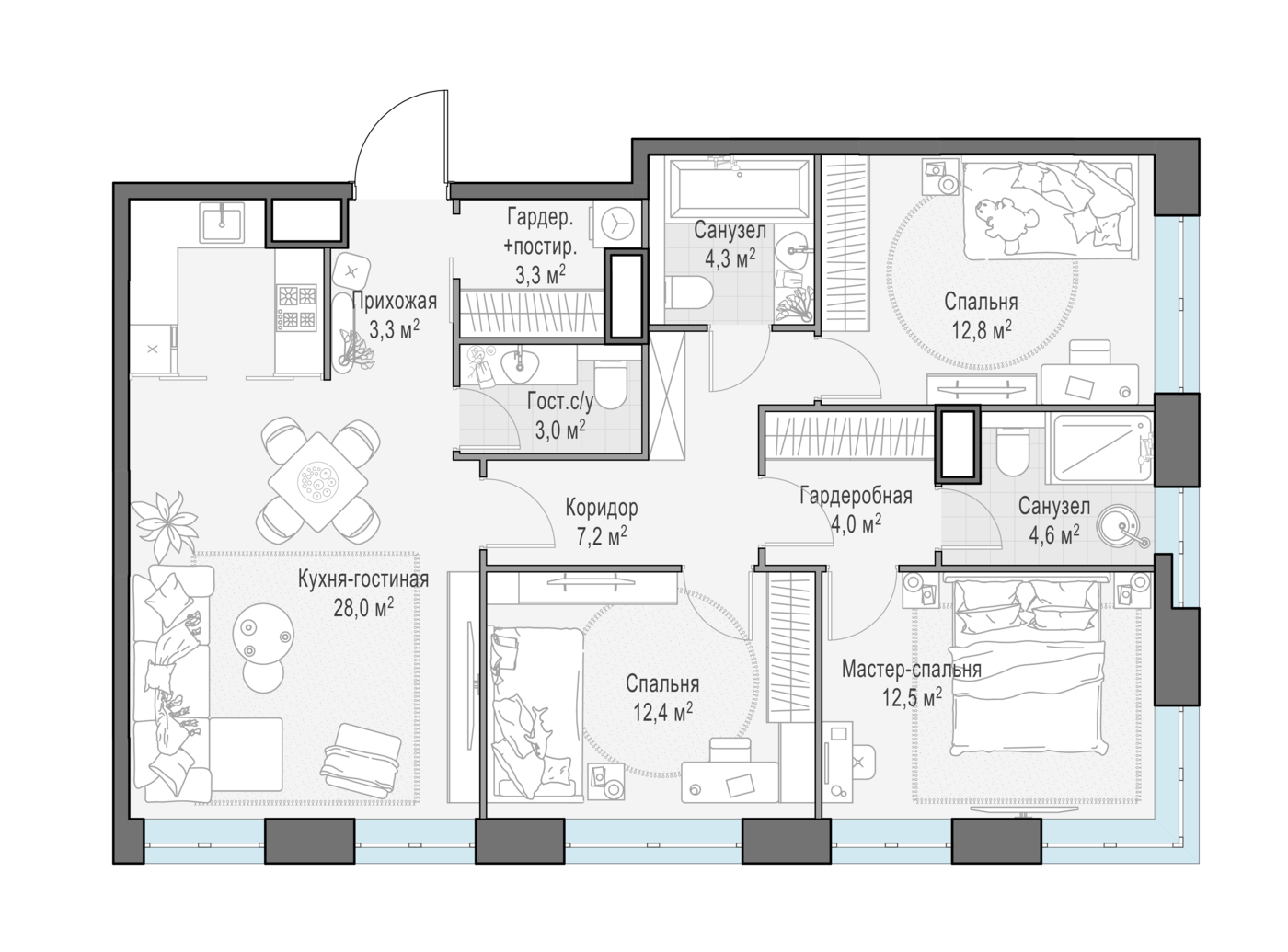 3 комн. квартира, 95.7 м², 11 этаж 