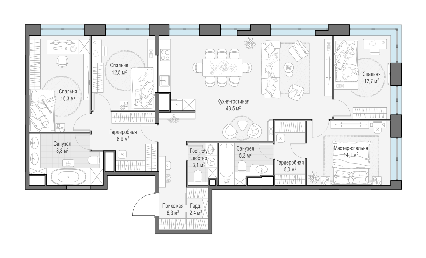 4 комн. квартира, 137.2 м², 13 этаж 