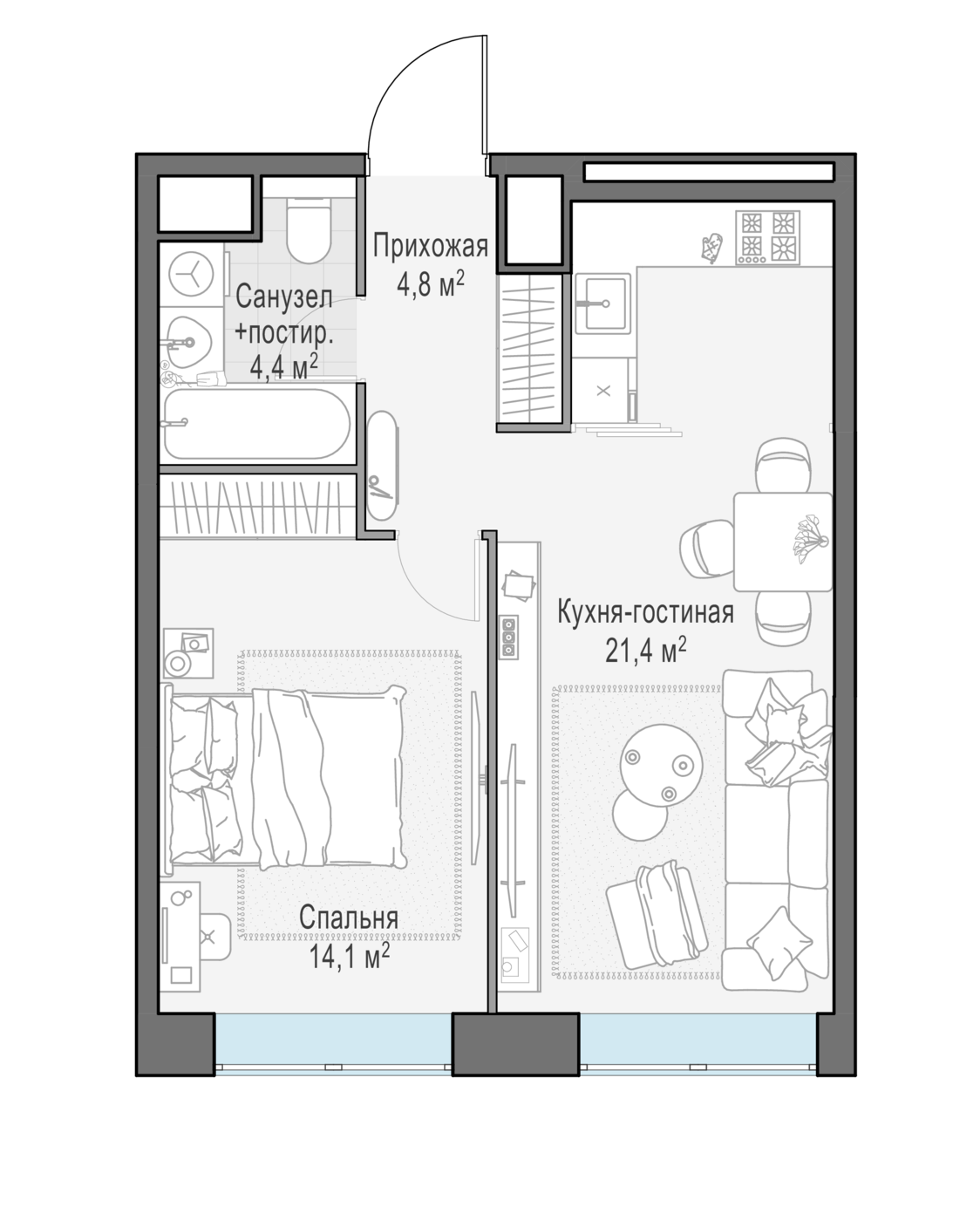 1 комн. квартира, 44.7 м², 13 этаж 