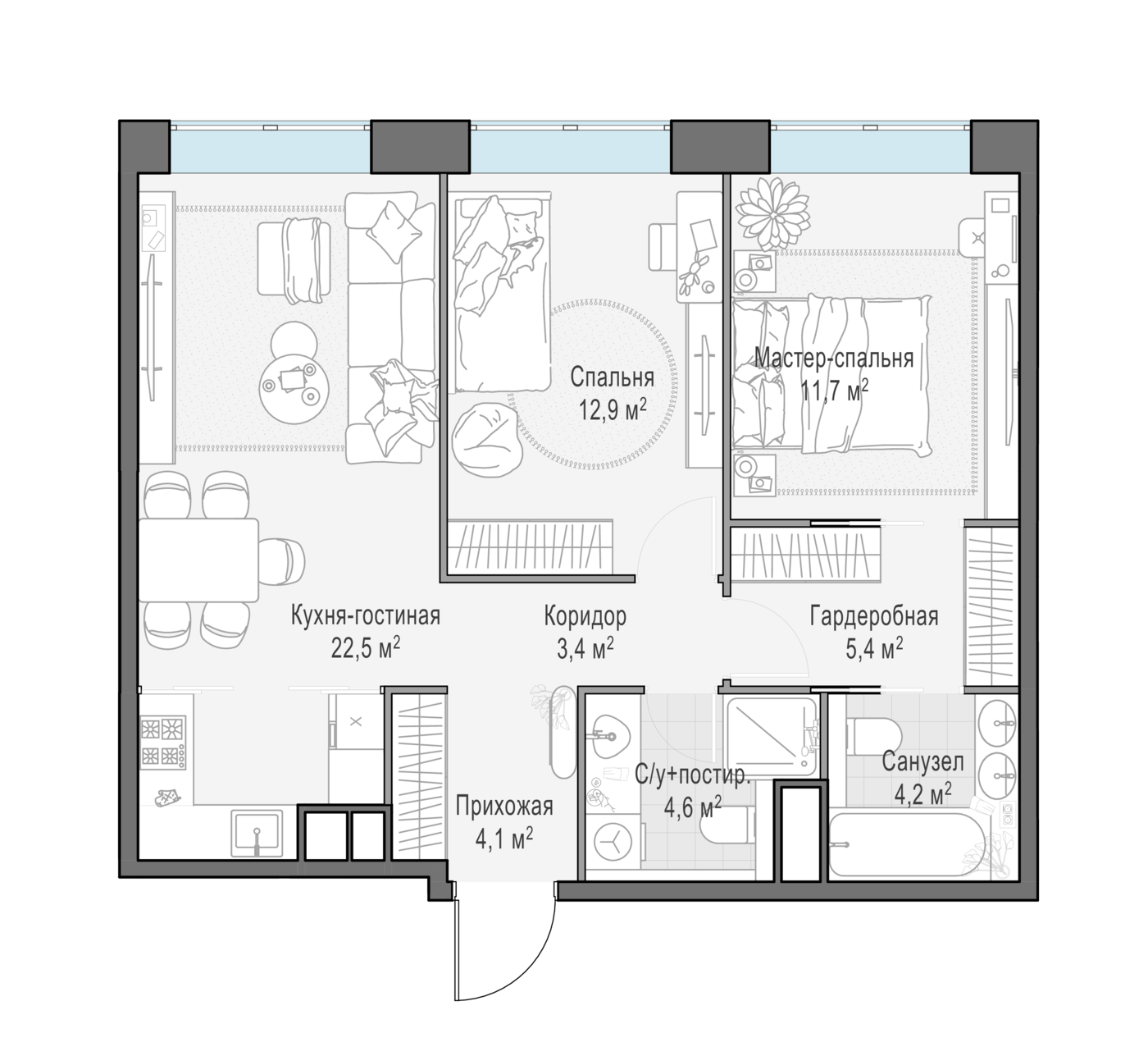 2 комн. квартира, 68.8 м², 13 этаж 