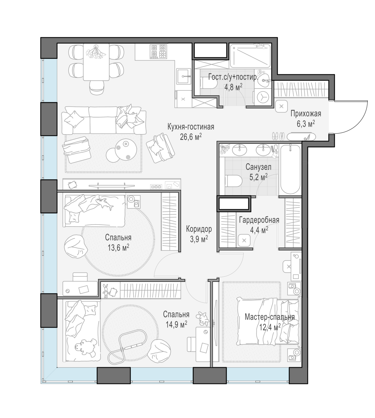 3 комн. квартира, 92.2 м², 12 этаж 