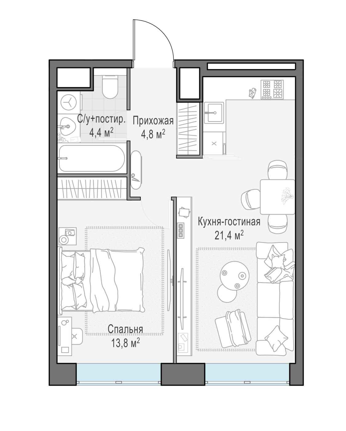 1 комн. квартира, 44.4 м², 13 этаж 