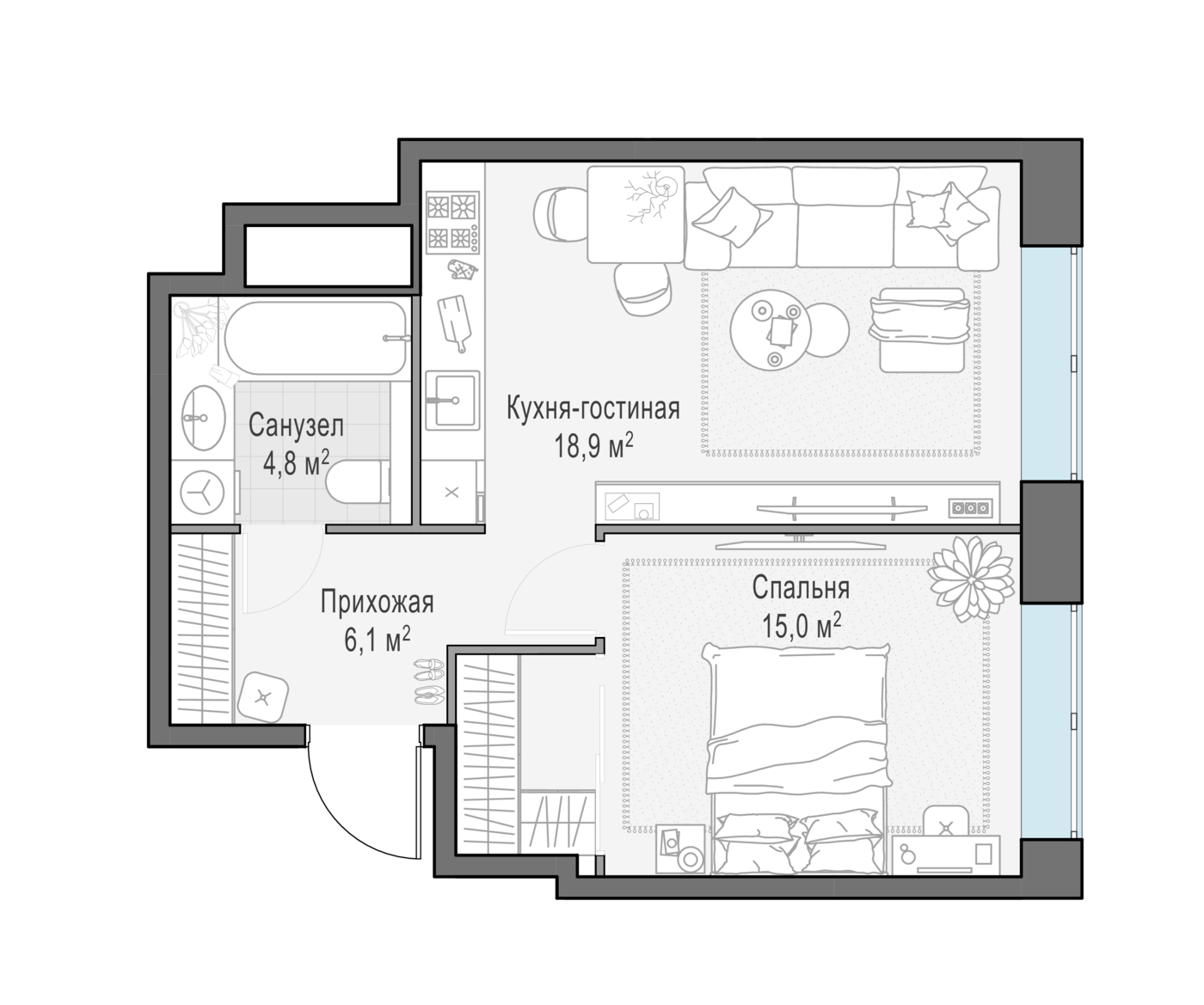 1 комн. квартира, 45 м², 12 этаж 