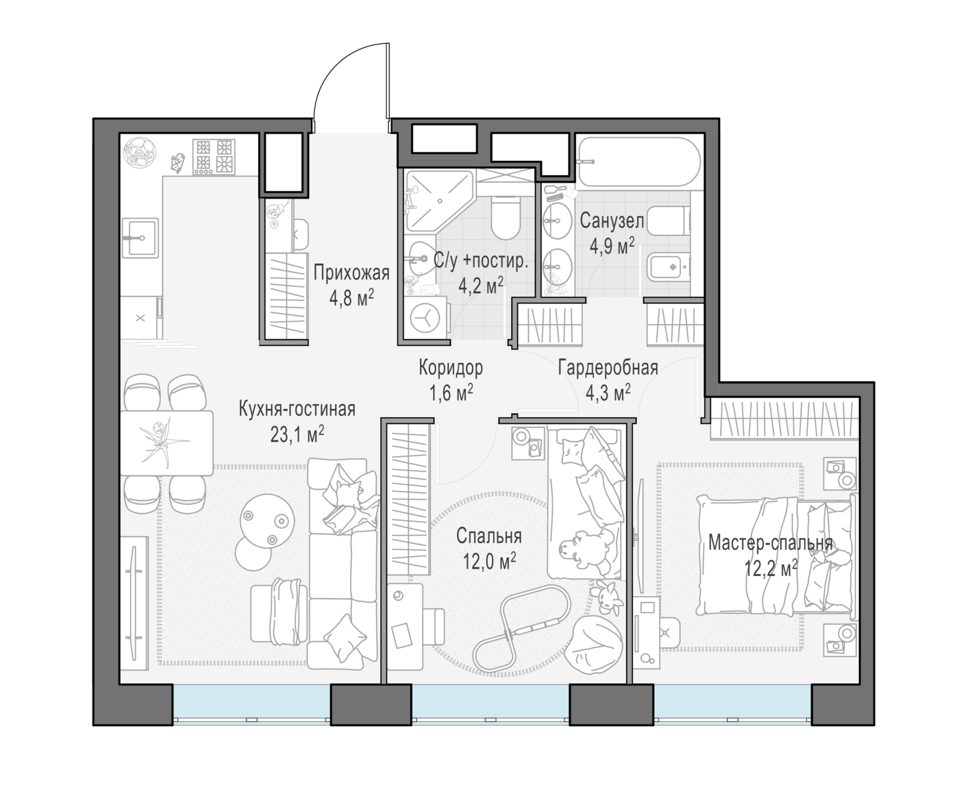 2 комн. квартира, 67 м², 12 этаж 